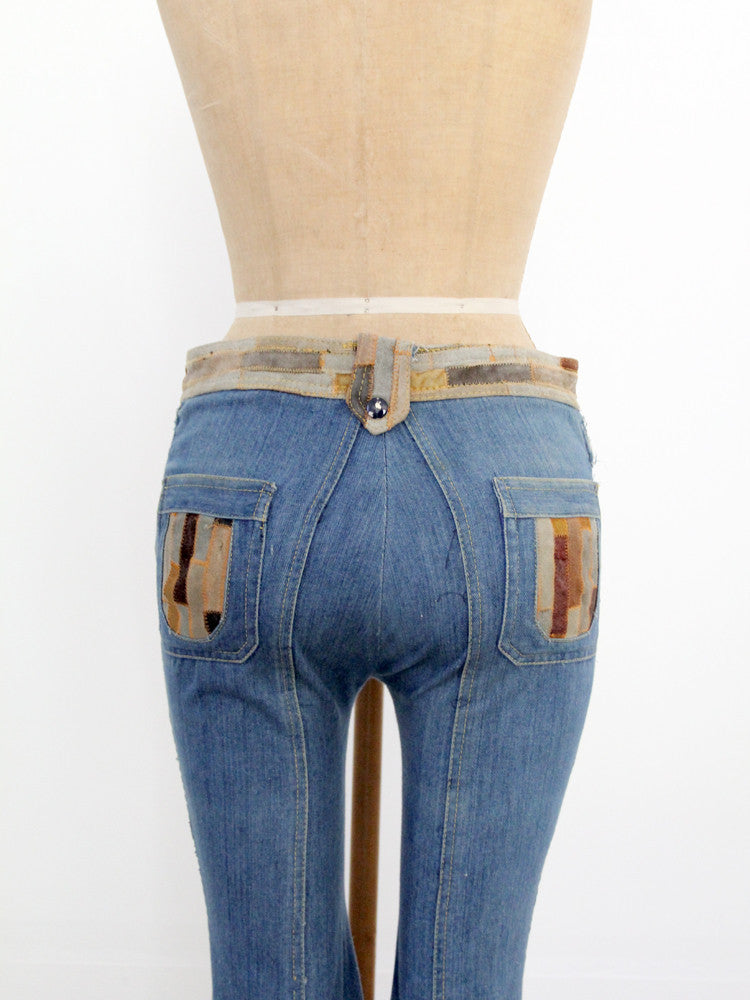 vintage 70s Laura denim jeans with leather, 28 x 32