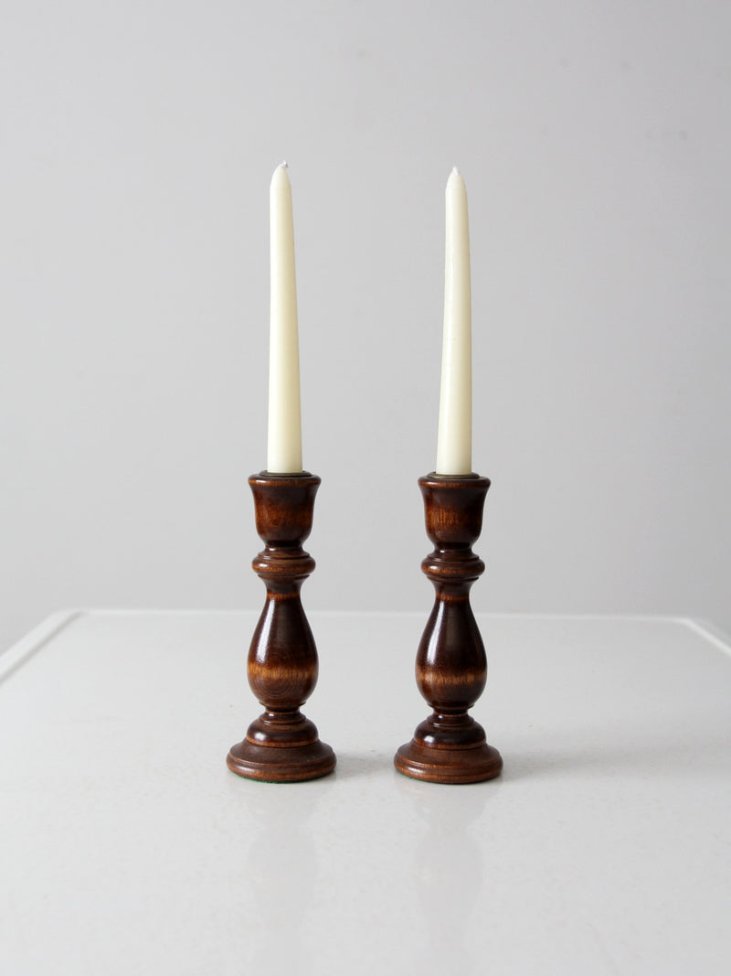 vintage turned wood candle holders pair