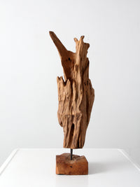 mid-century wood sculpture on stand
