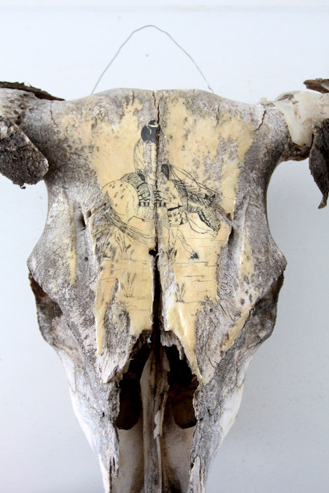 vintage bull skull with artwork