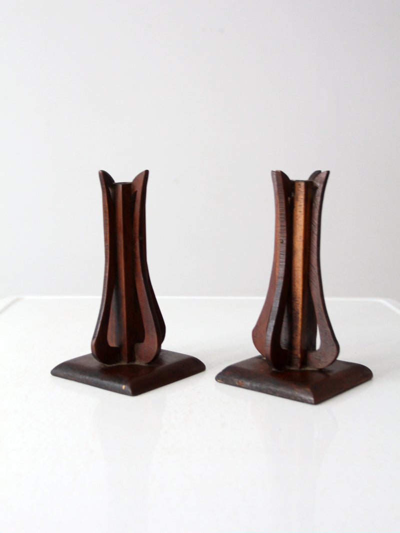 antique wooden candlestick holder pair