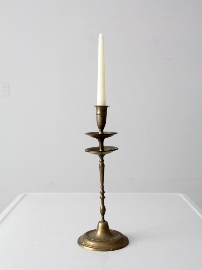 vintage etched brass candlestick holder