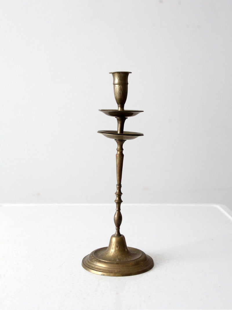 vintage etched brass candlestick holder