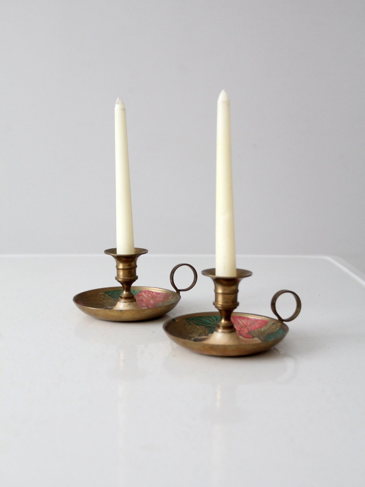 vintage enamel brass candlestick holder pair – 86 Vintage