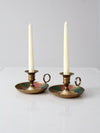 vintage enamel brass candlestick holder pair