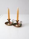 vintage enamel brass candlestick holder pair