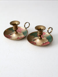 vintage enamel brass candlestick holder pair