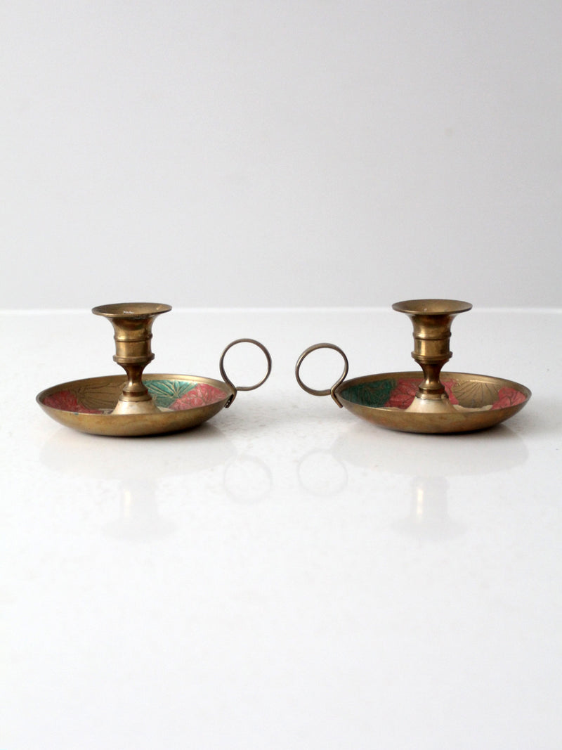 vintage enamel brass candlestick holder pair