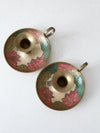 vintage enamel brass candlestick holder pair