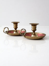 vintage enamel brass candlestick holder pair