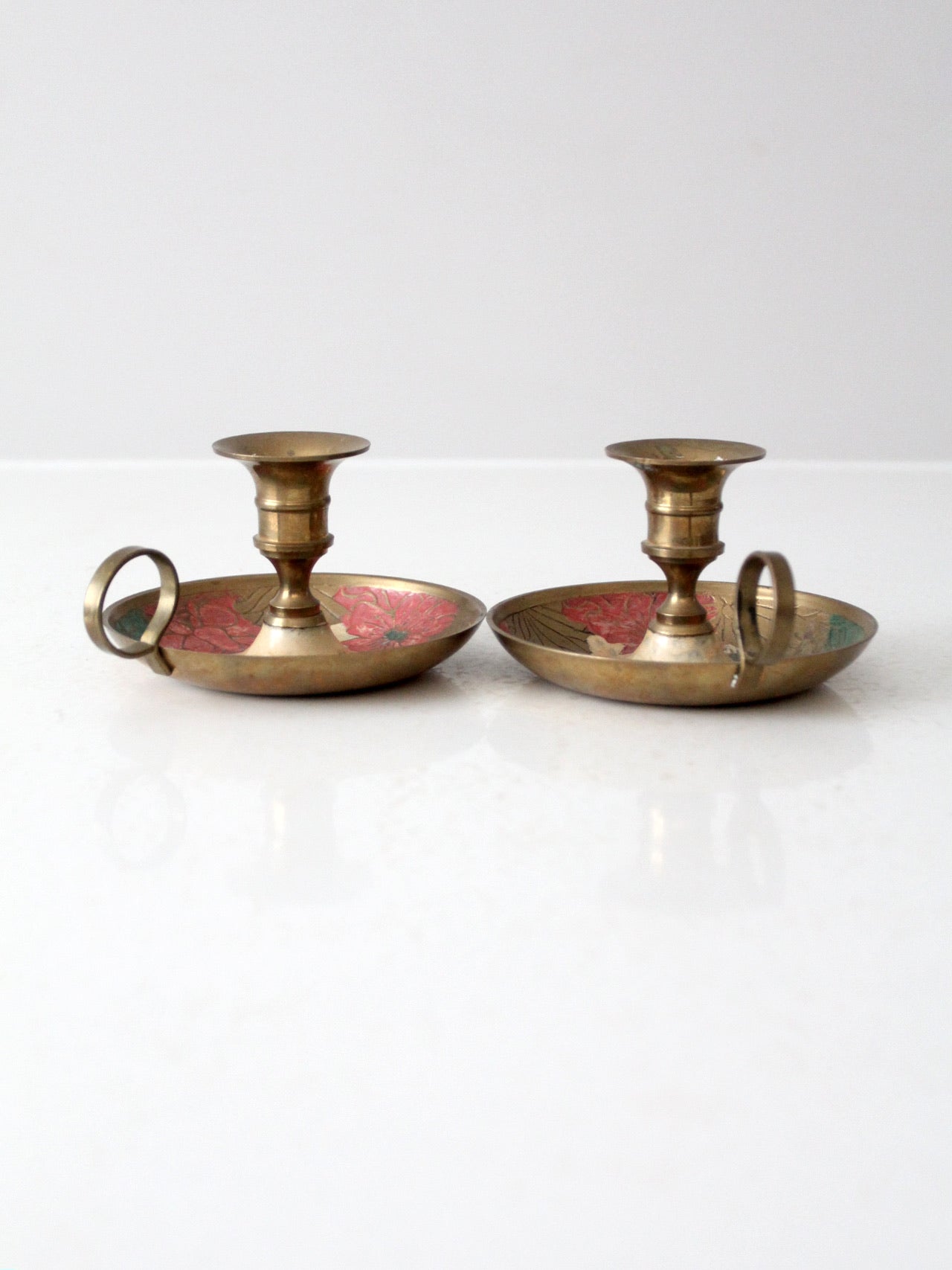 vintage enamel brass candlestick holder pair