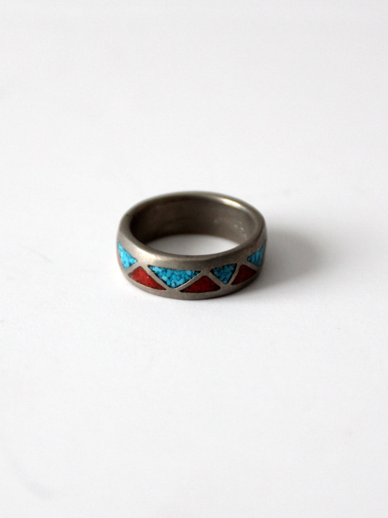 vintage turquoise and coral silver tone ring