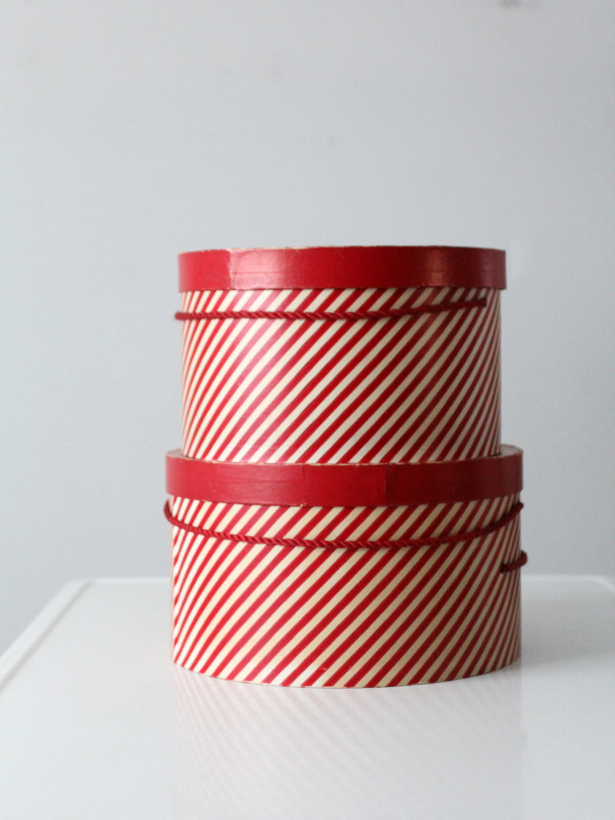 vintage candy cane stripe hat boxes pair