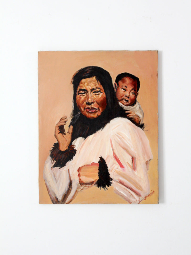 vintage portrait oil painting of Inuit mother