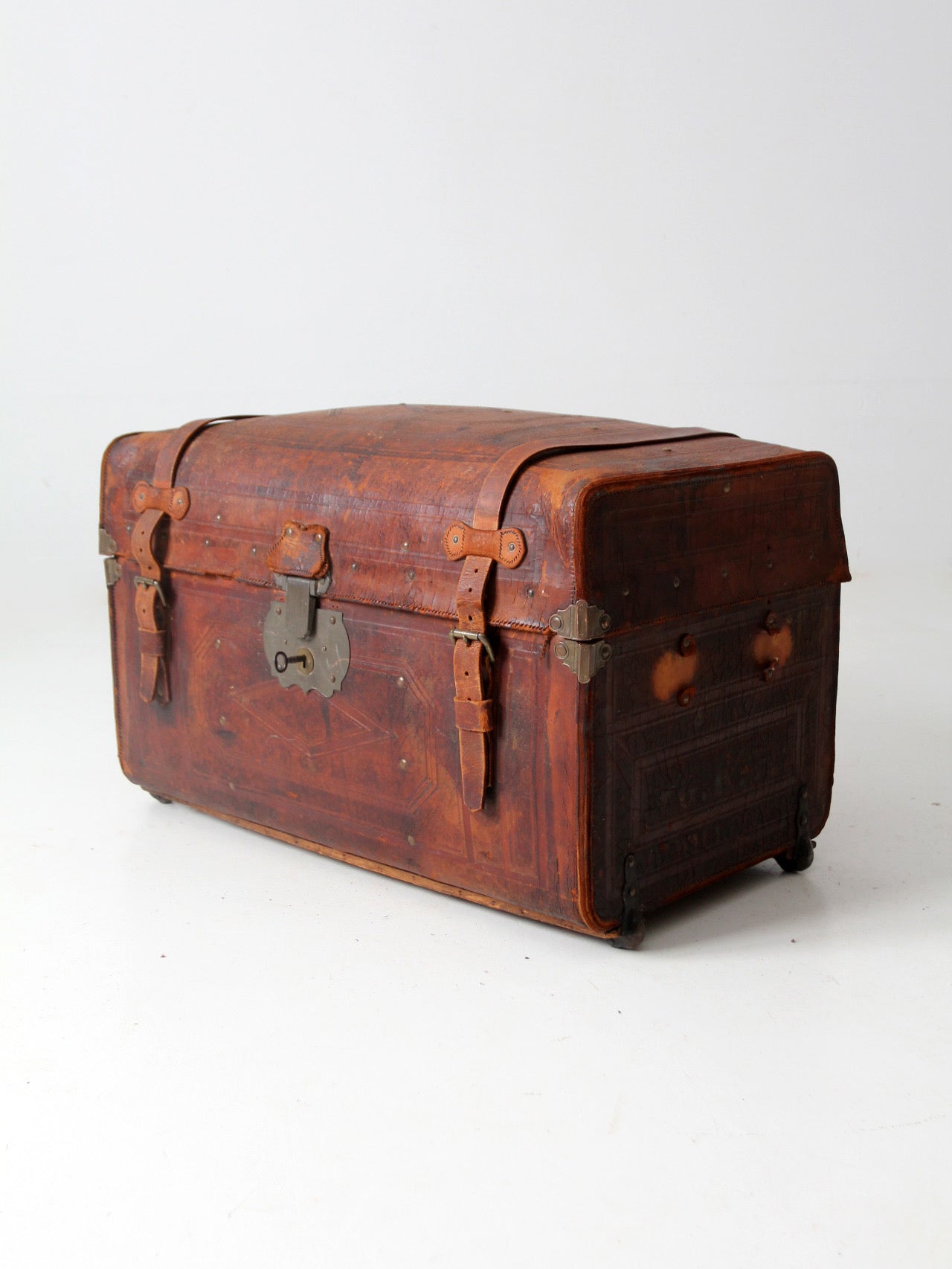 Antique 1800's leather travel trunk suitcase