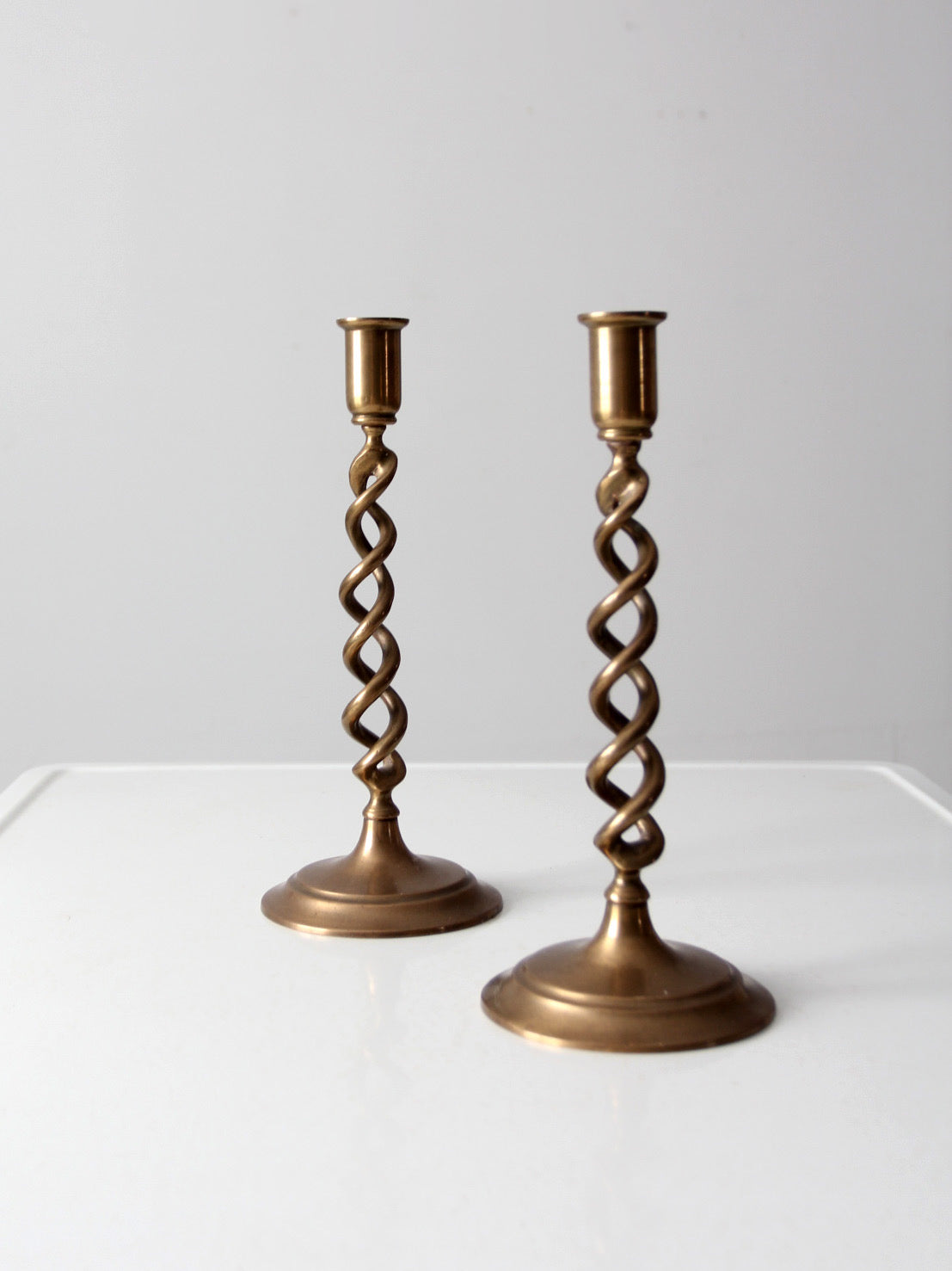 vintage brass spiral candlestick holder pair