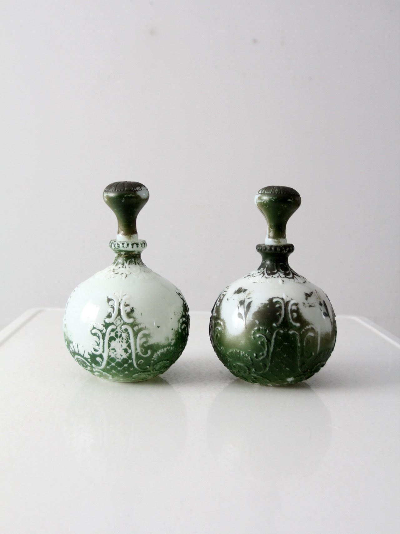 antique painted milk glass decanters pair
