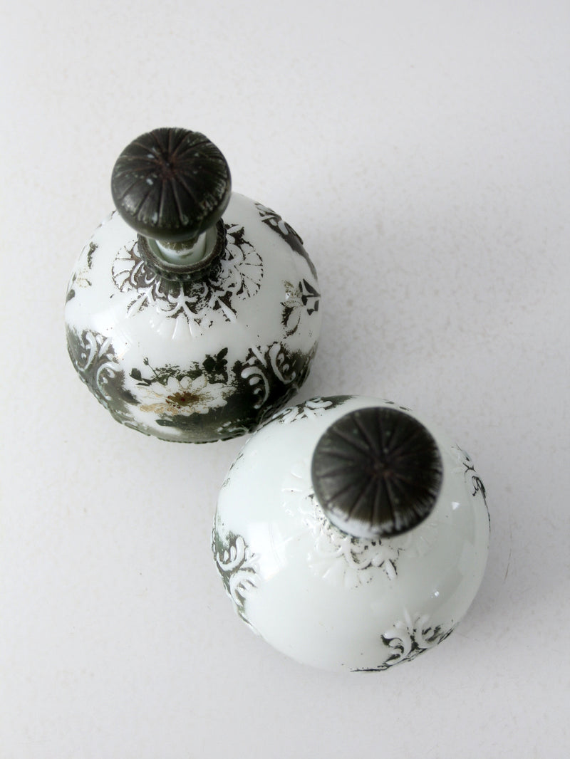 antique painted milk glass decanters pair