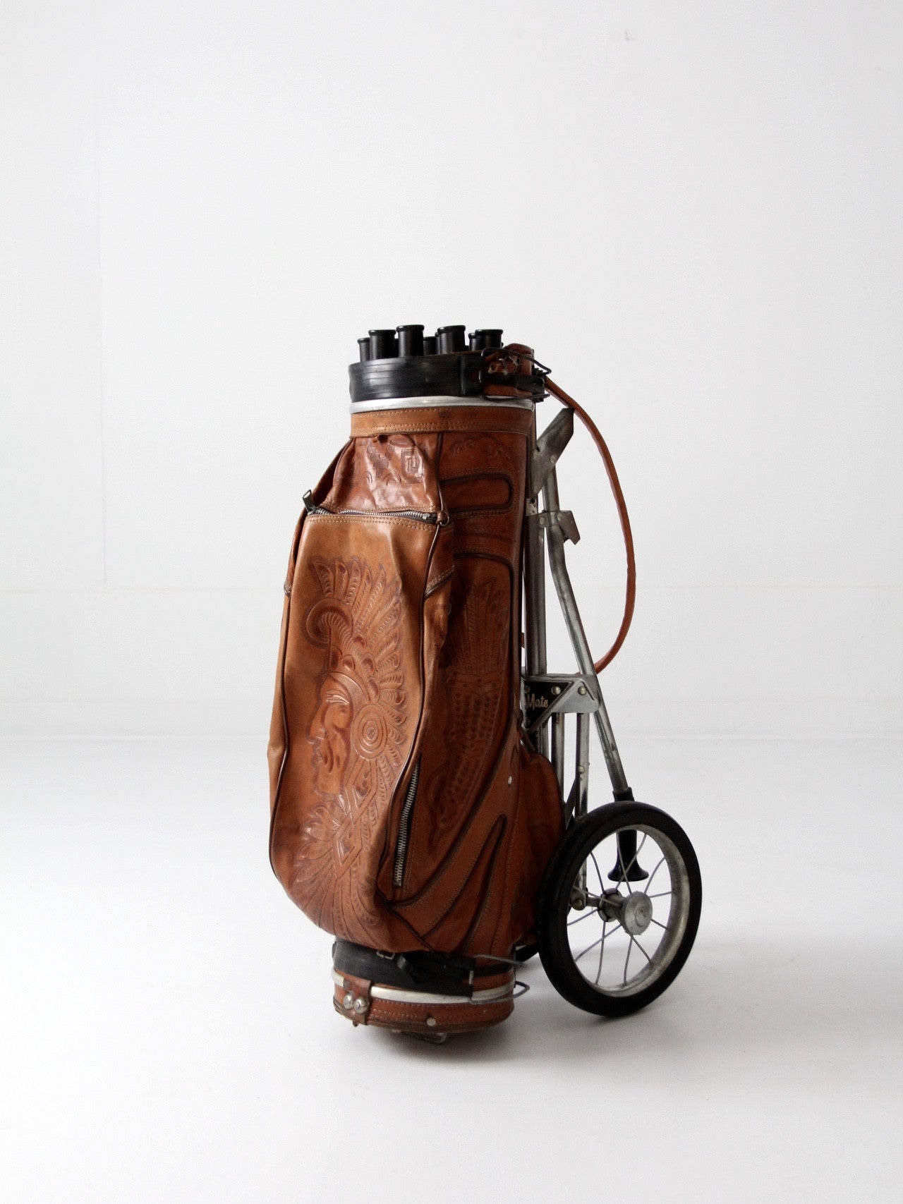 Vintage Ram Leather & Canvas Golf Bag With Wood Clubs - Antique