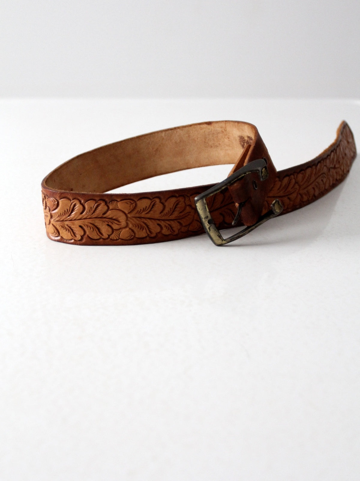 Vintage Tooled Leather Belt with Brass Buckle Artisan Handcrafted American Eagle Embossed Leather Belt  main image 4