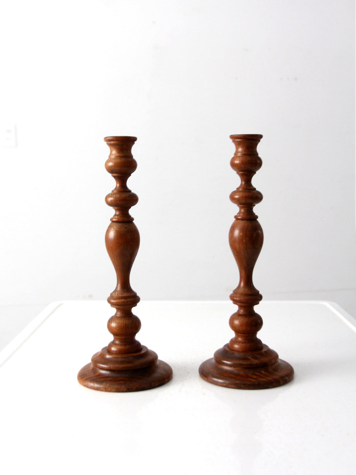 vintage wooden candlestick holders pair