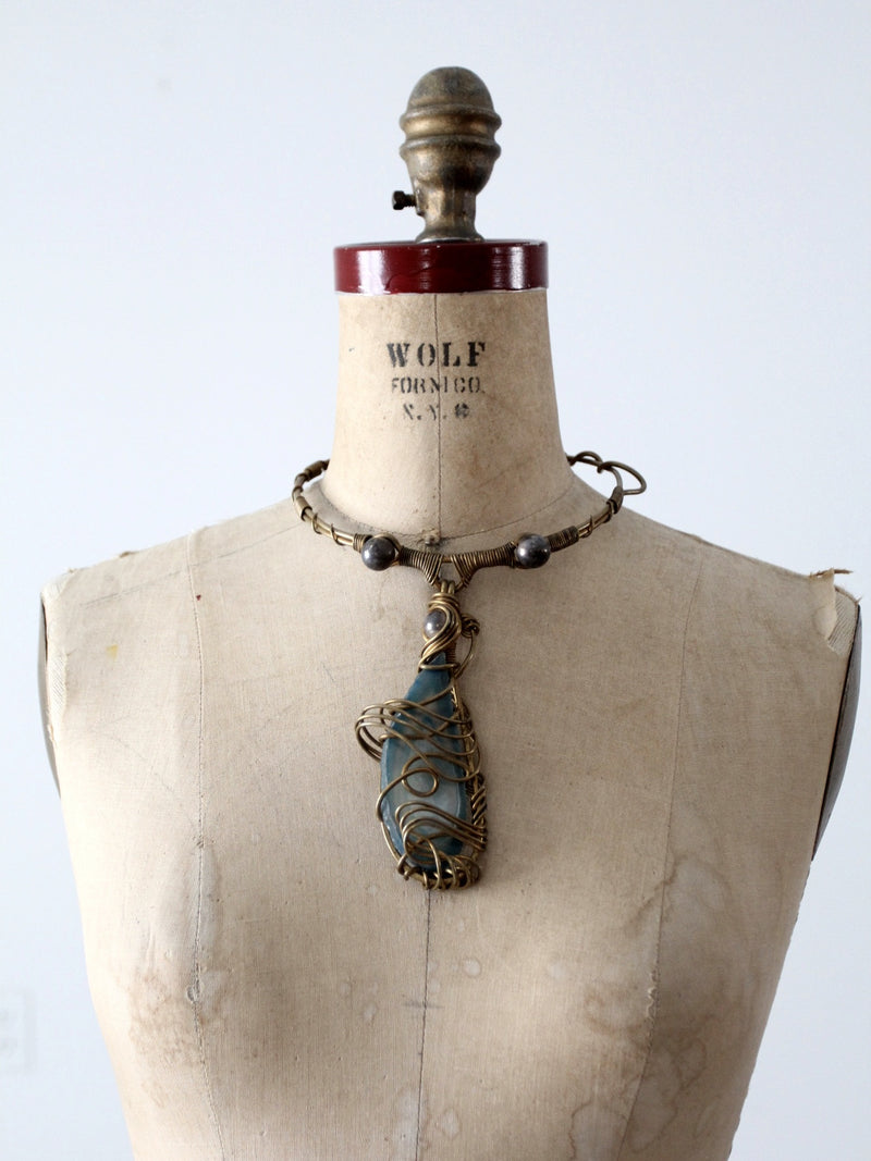vintage 60s brutalist brass choker with agate pendant