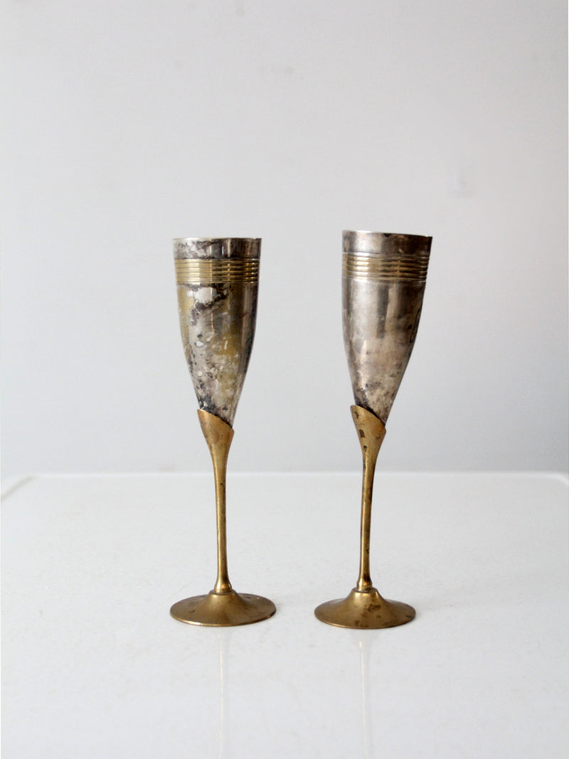 vintage brass and silver plate champagne flutes pair
