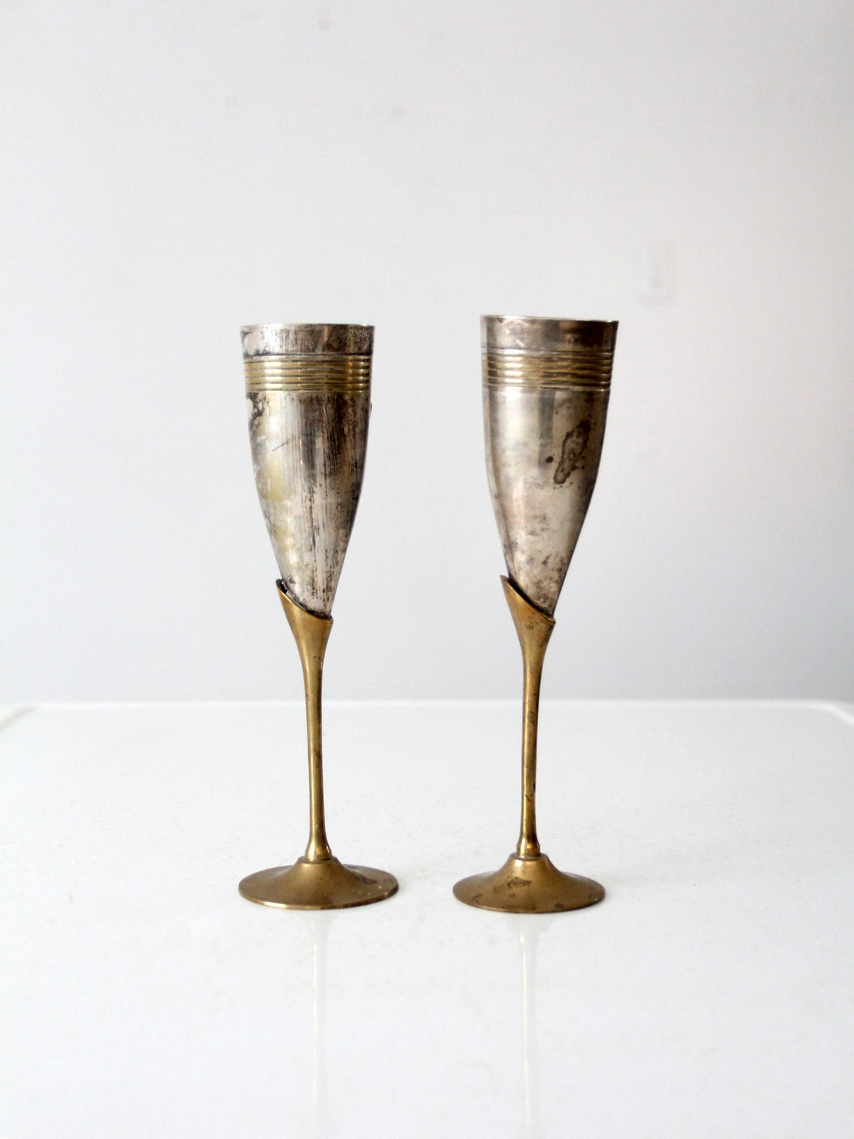 vintage brass and silver plate champagne flutes pair