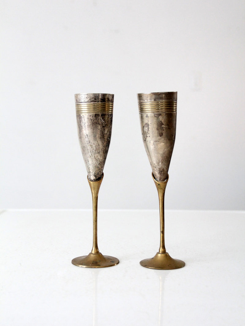 vintage brass and silver plate champagne flutes pair