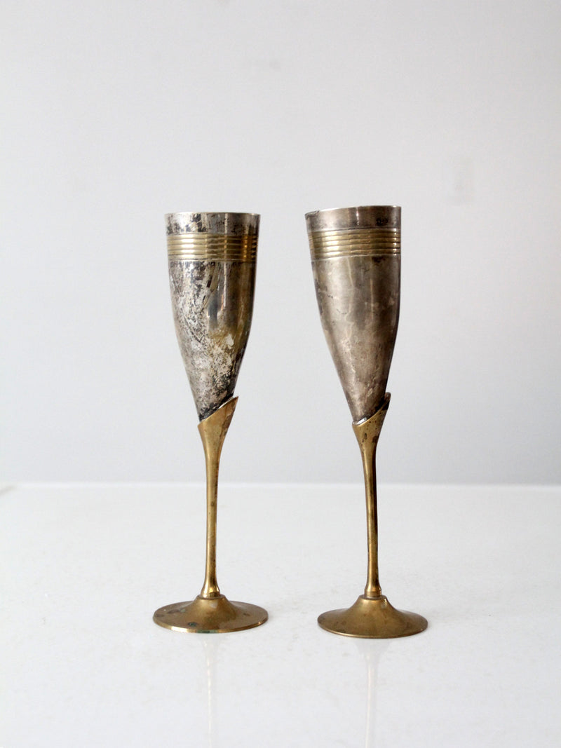 vintage brass and silver plate champagne flutes pair