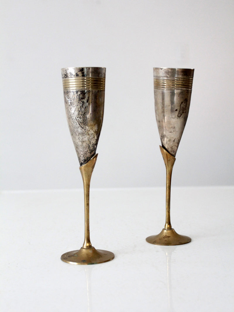 vintage brass and silver plate champagne flutes pair