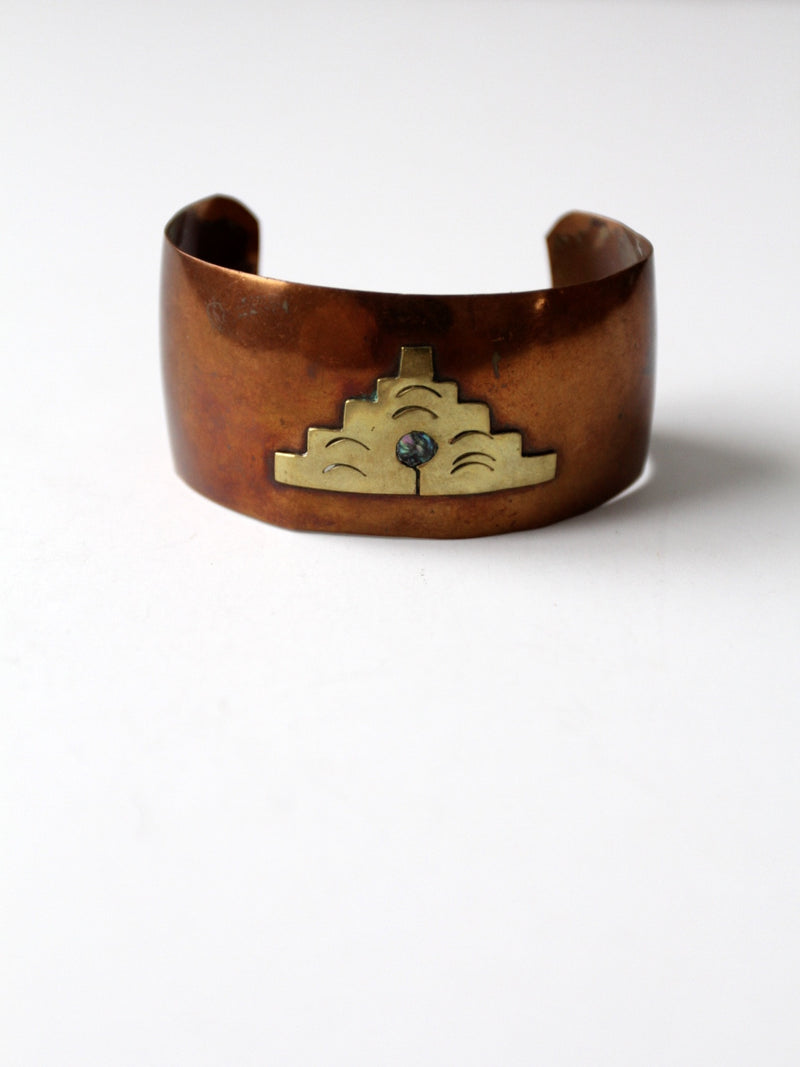 vintage Mexican copper cuff with brass sun pyramid