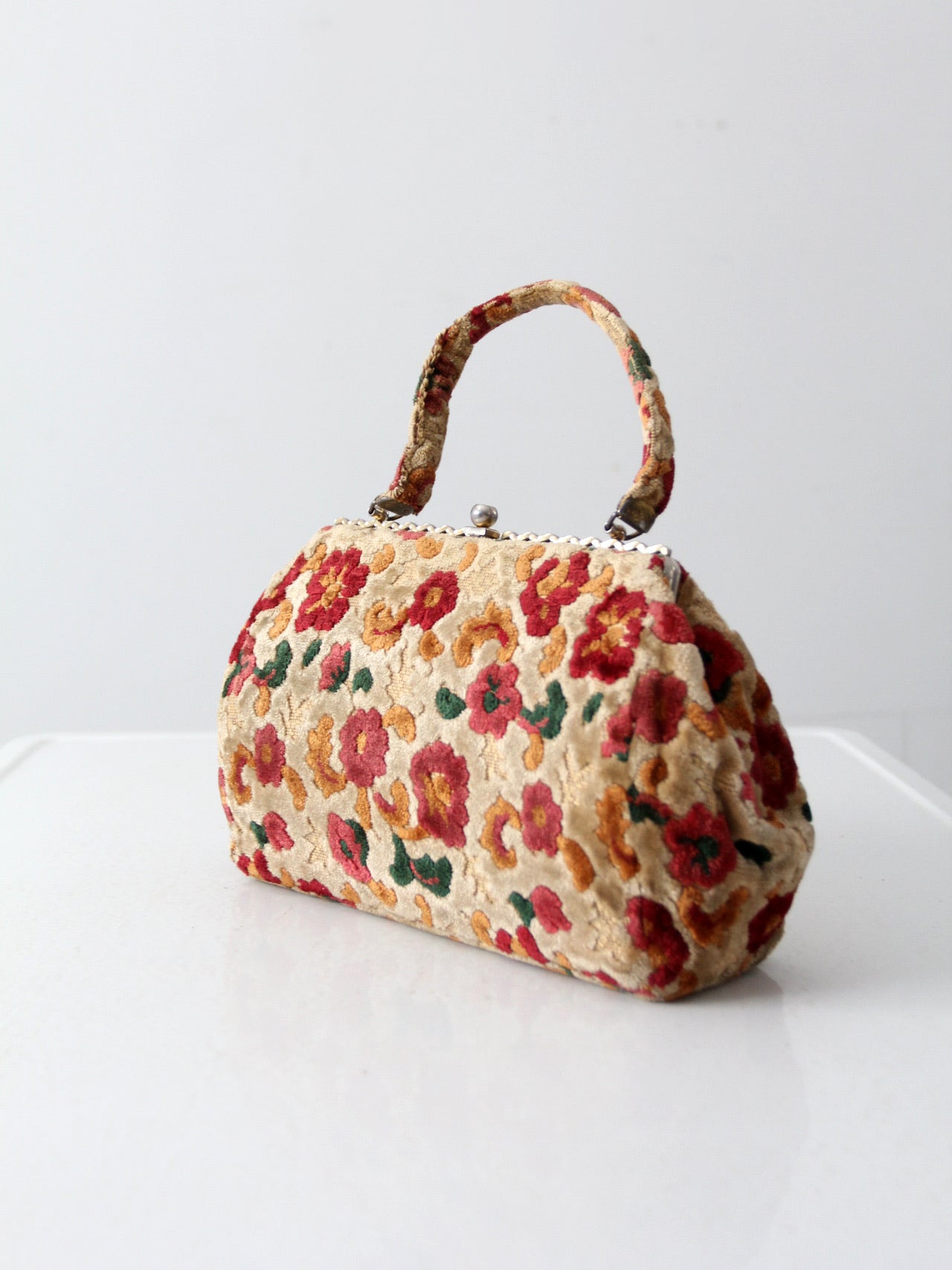 Vintage Carpet Tapestry Bag Purse Chenille 1960s Floral 