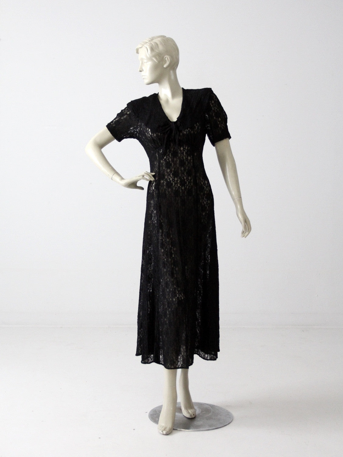 1970s black dress 1970s 80s Black Embroidered Ruffle Neckline Evening Gown