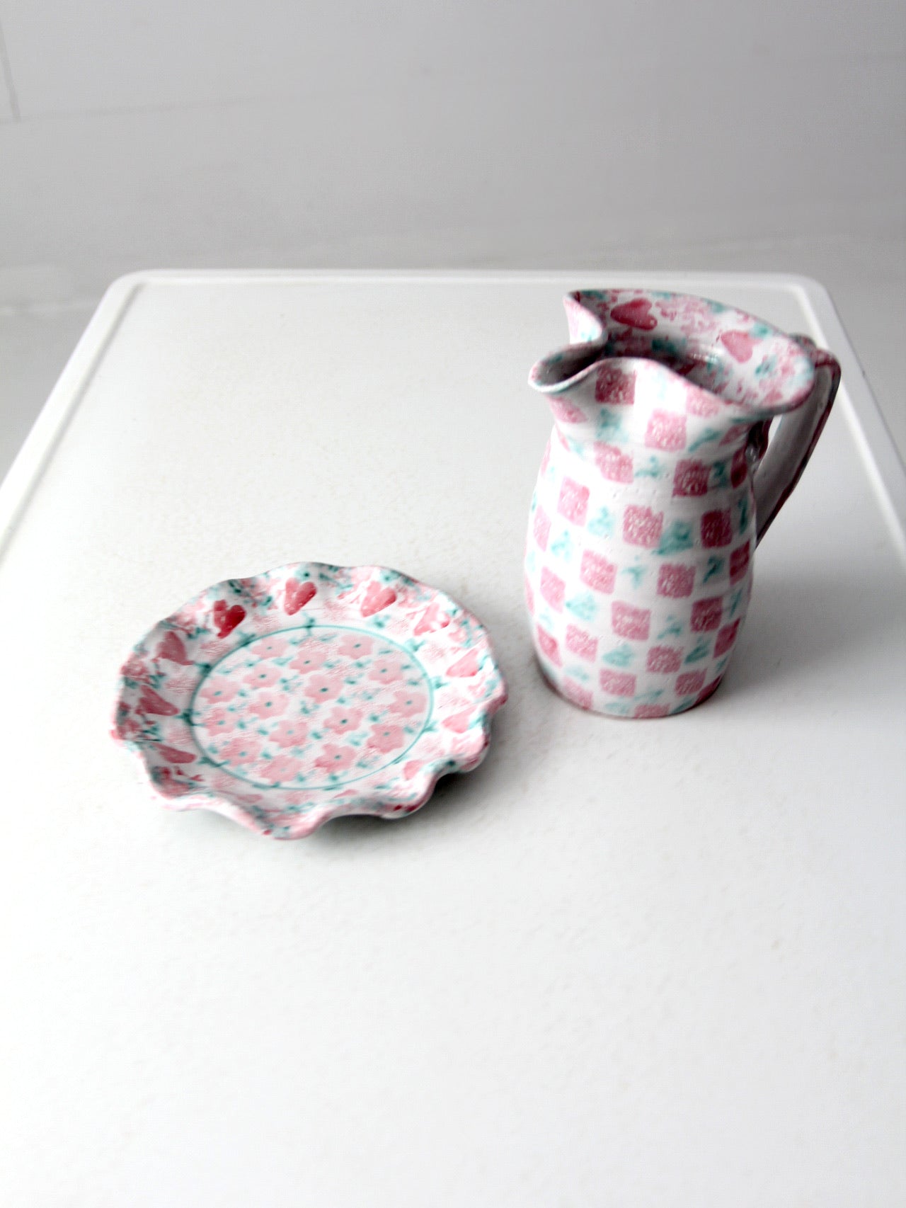 vintage heart pattern studio pottery pitcher and plate set