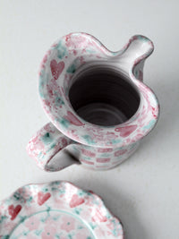 vintage heart pattern studio pottery pitcher and plate set