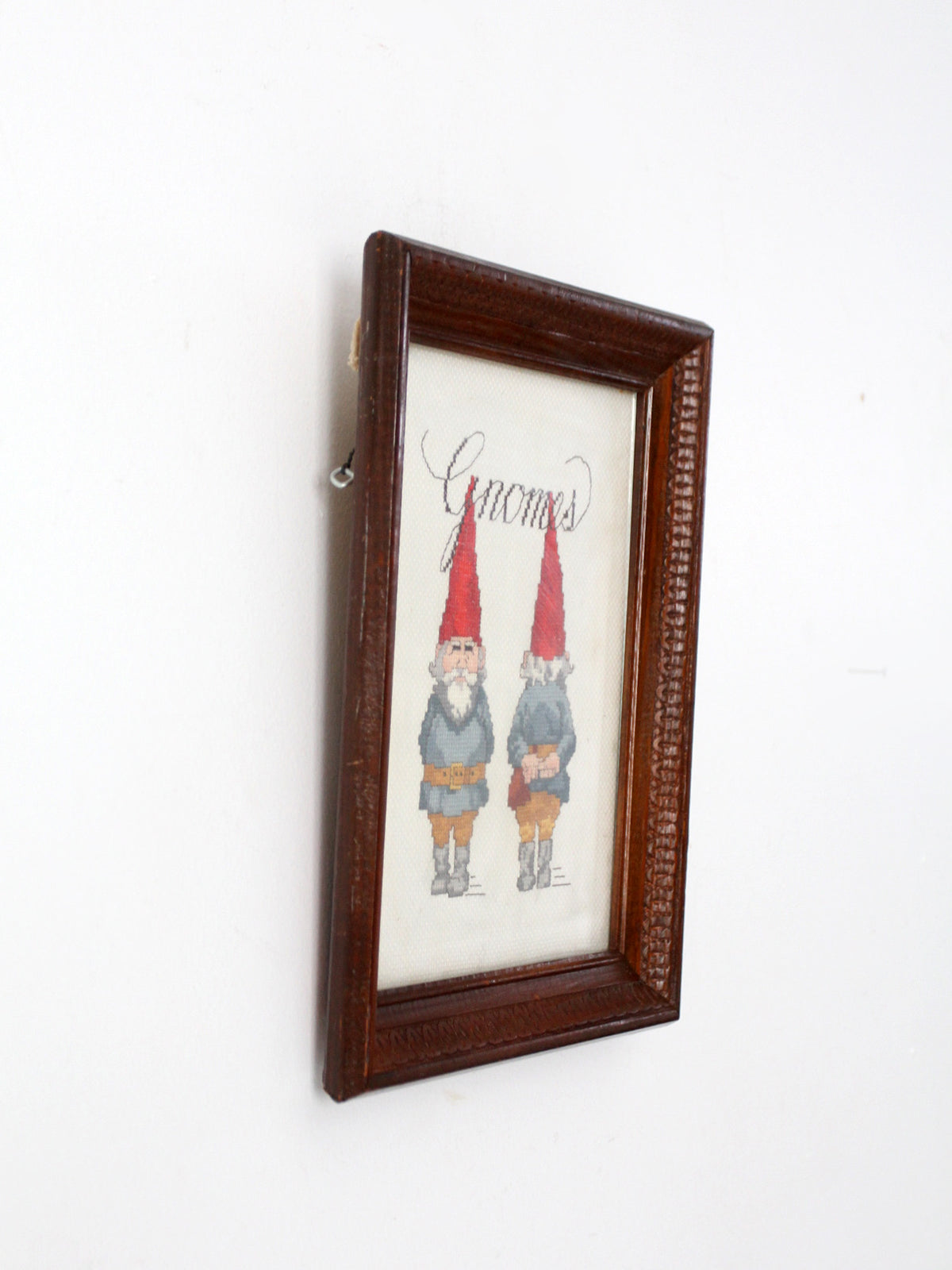 vintage Gnomes cross-stitch in frame