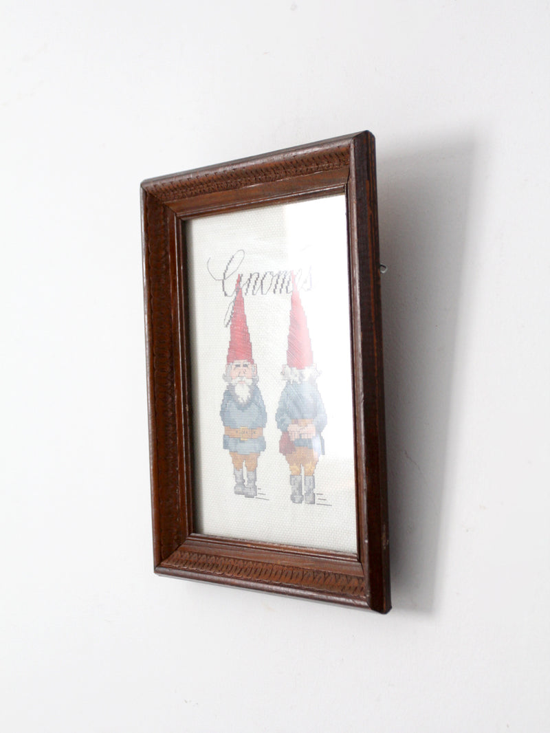 vintage Gnomes cross-stitch in frame
