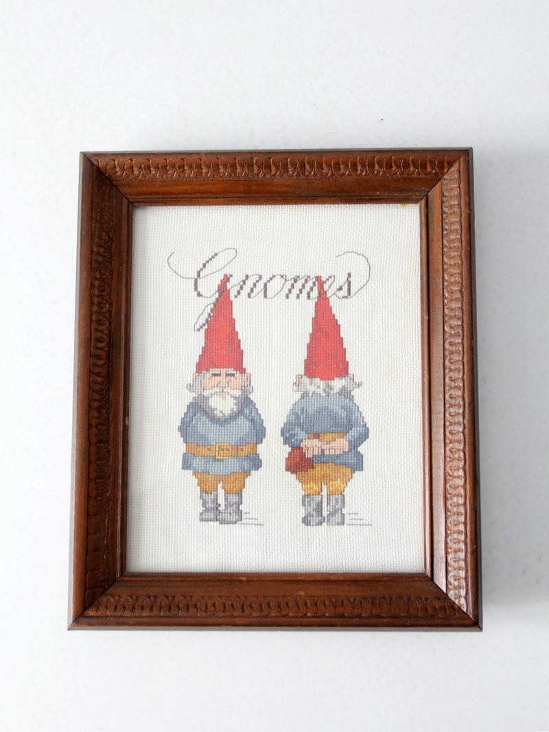 vintage Gnomes cross-stitch in frame