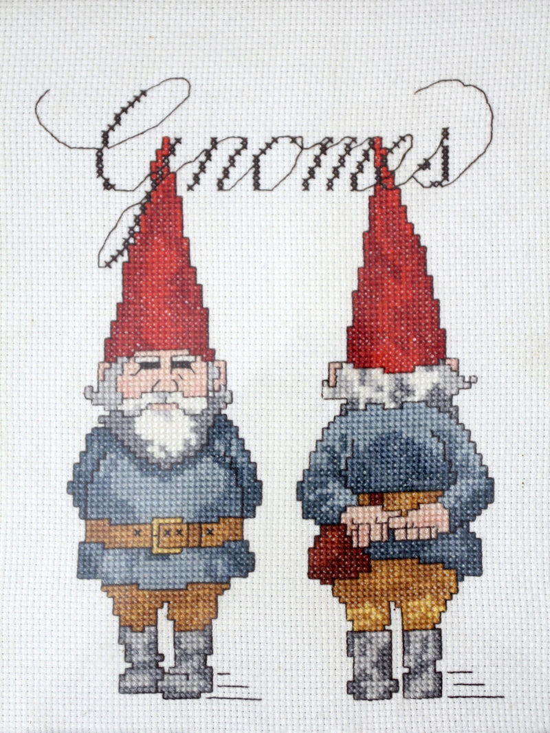 vintage Gnomes cross-stitch in frame