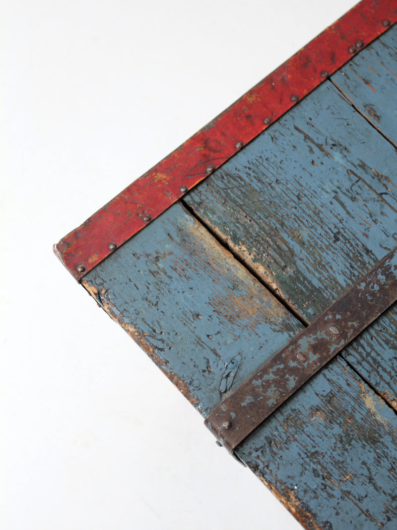 antique blue hand-painted wood trunk