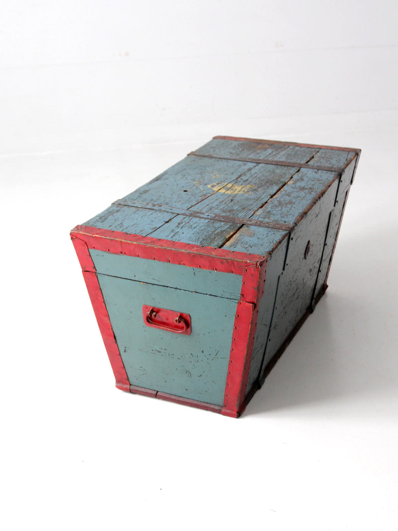 antique blue hand-painted wood trunk