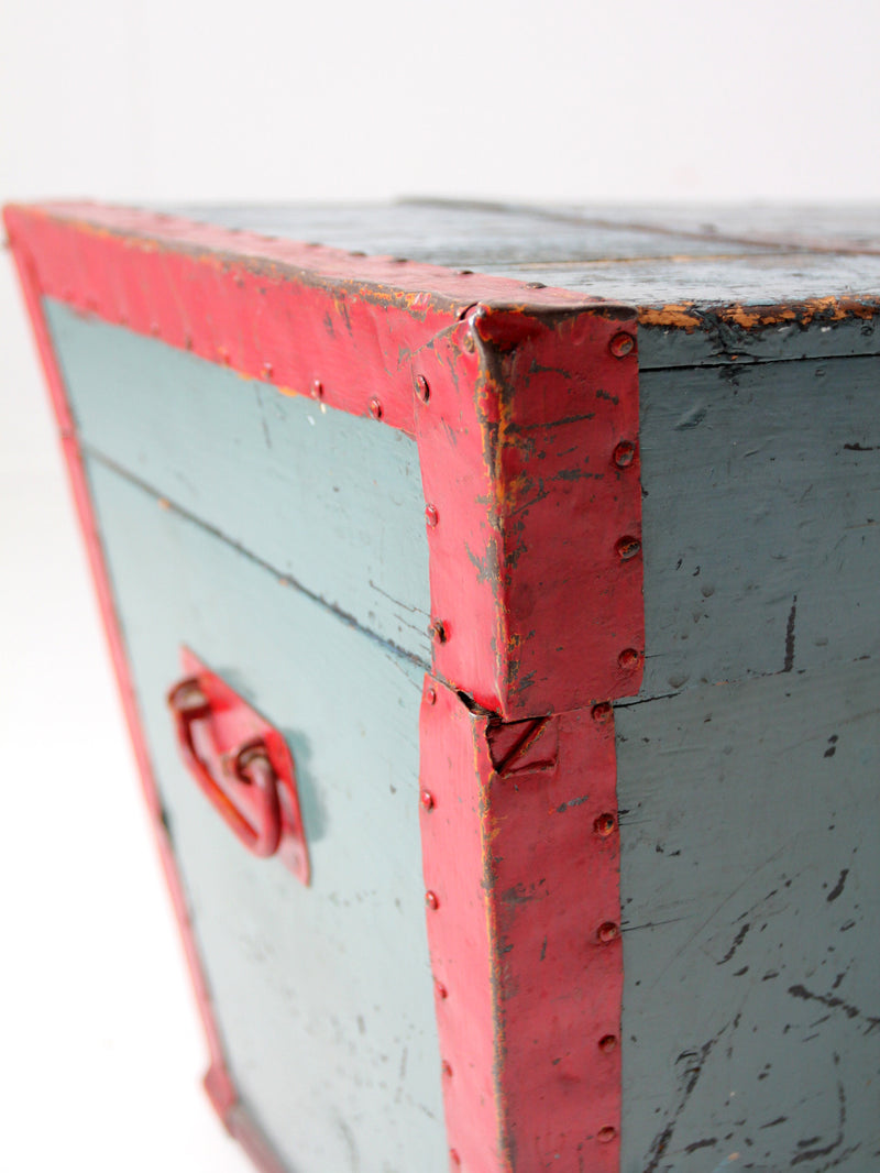 antique blue hand-painted wood trunk