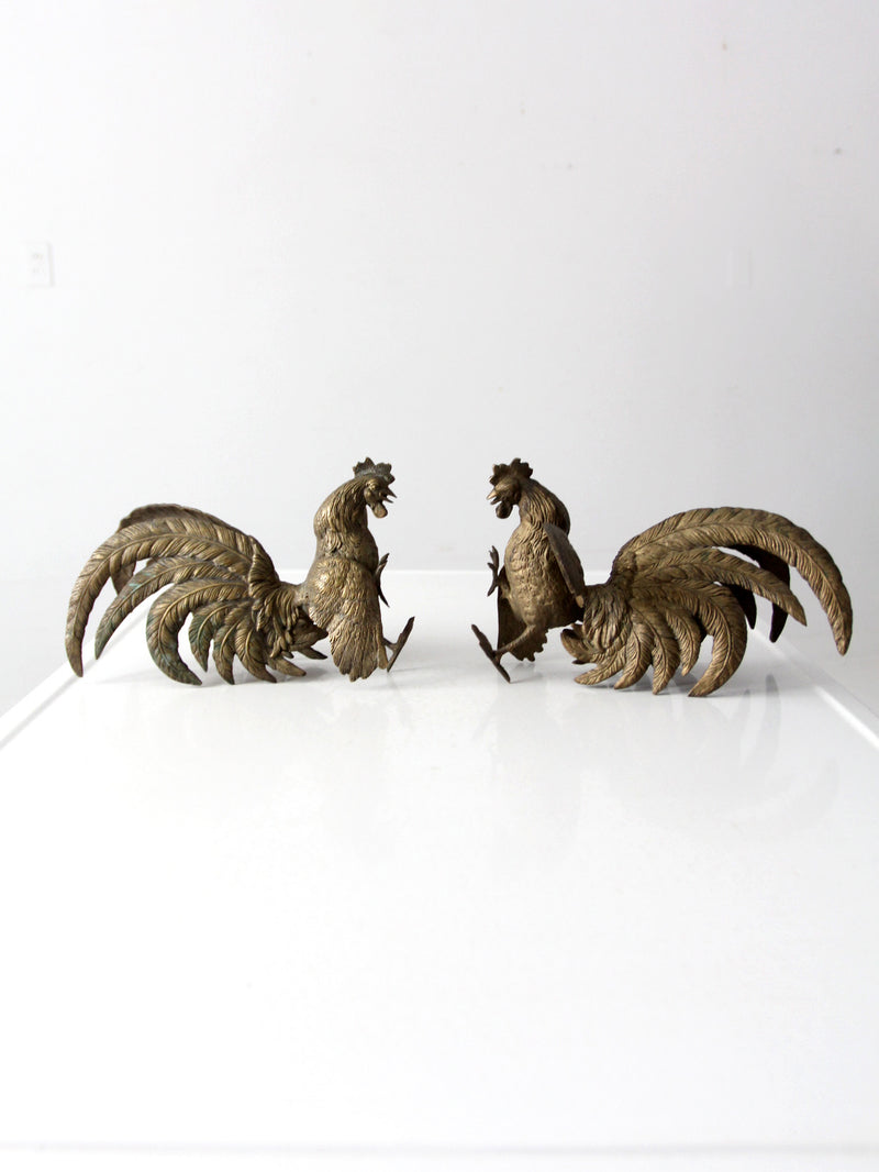 antique bronze fighting roosters pair