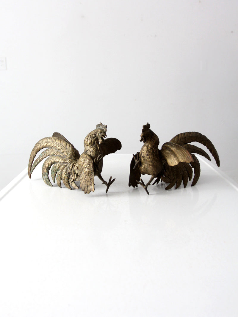 antique bronze fighting roosters pair