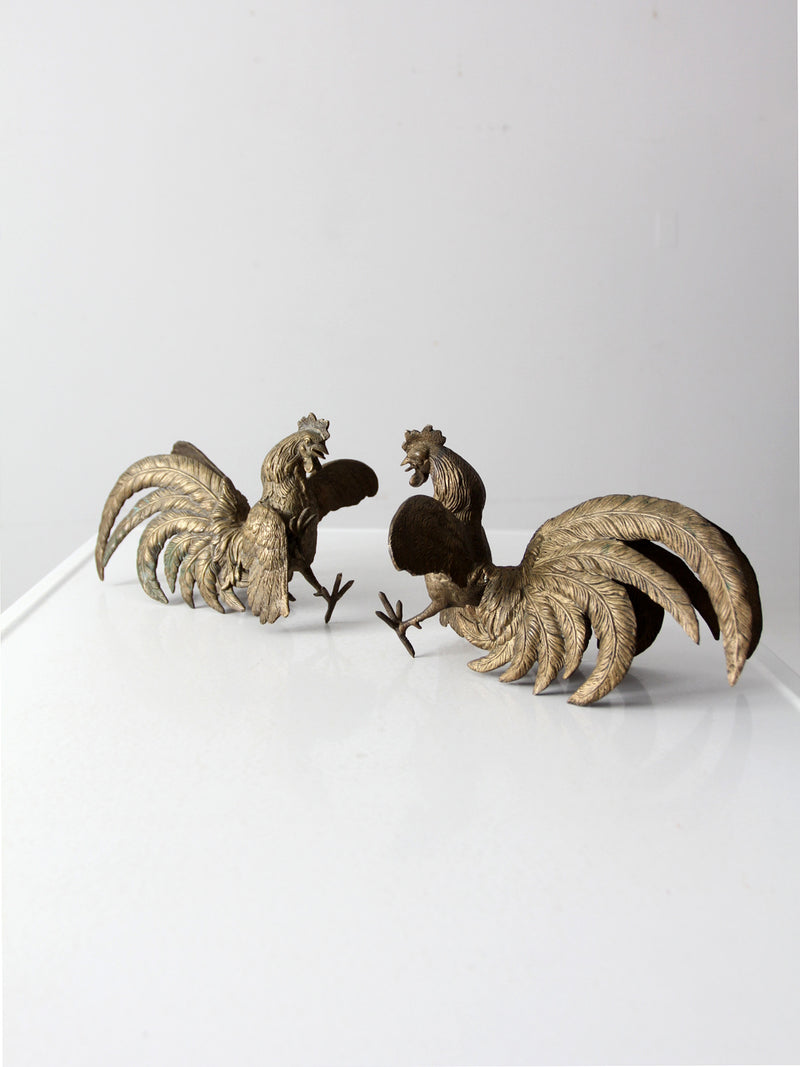 antique bronze fighting roosters pair