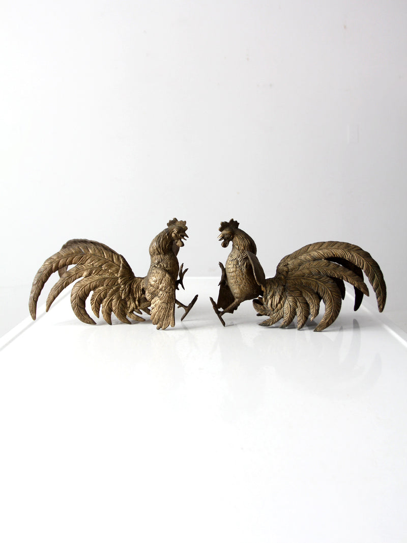 antique bronze fighting roosters pair