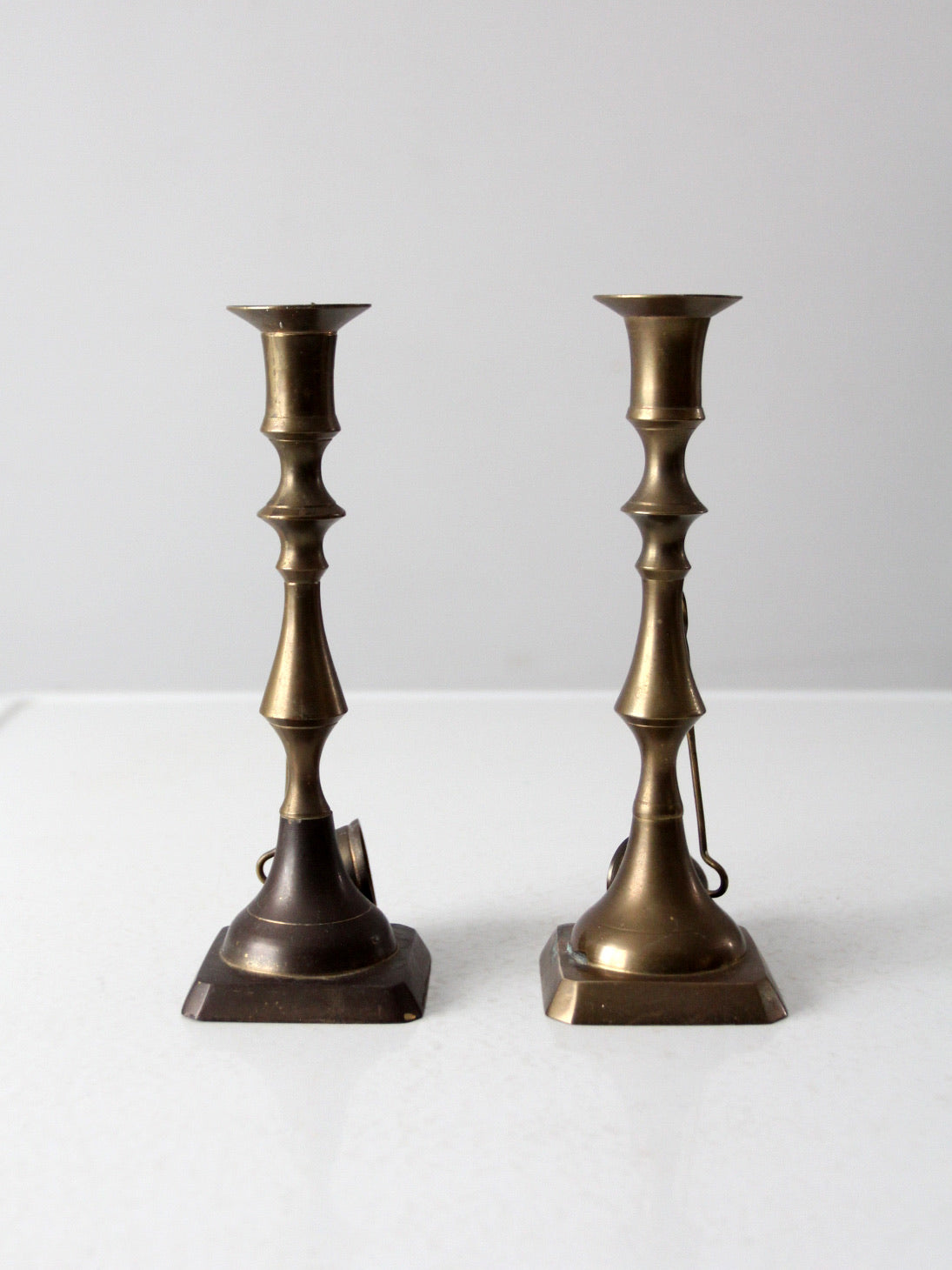 antique brass candlestick holders pair with hanging snuffers