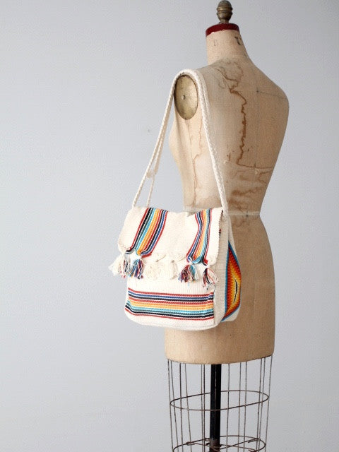vintage 80s woven textile messenger bag