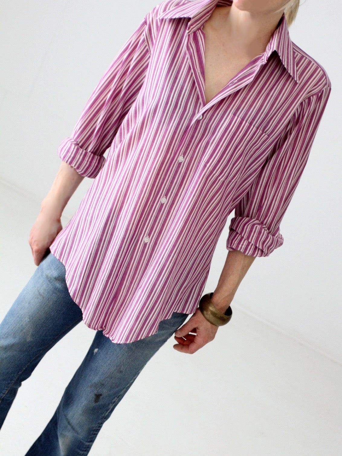60s dress shirt Vintage Mens 60s Dress Shirt BIG Button-down Collar XL Oxford Stripe